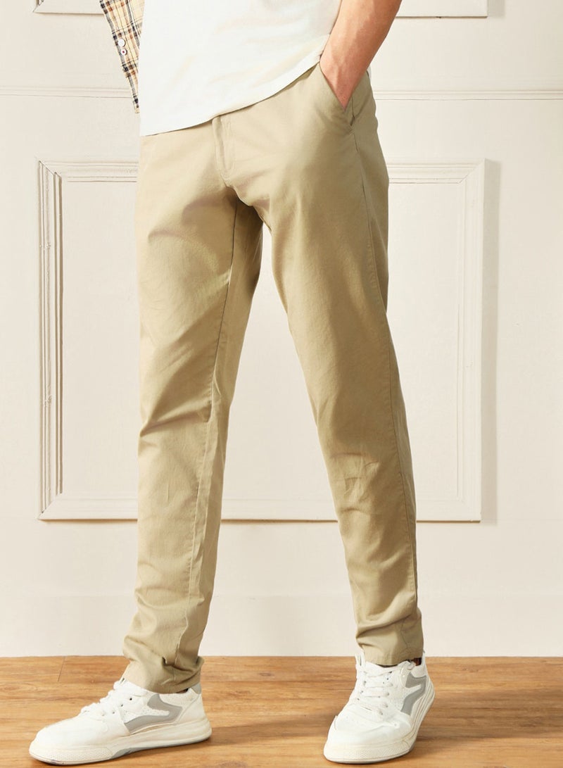 Dennis Lingo Men'S Light Khaki 100% Cotton Solid Pattern Full Length Chinos Slim Fit Trouser - Image 1
