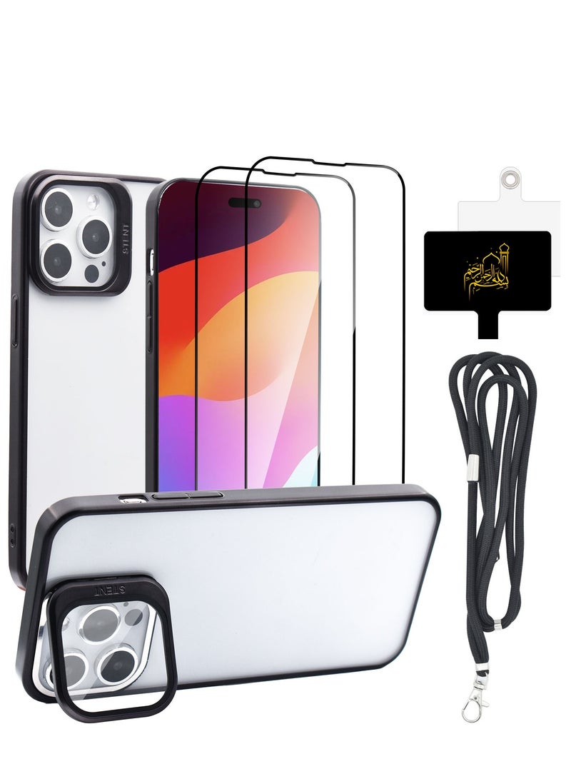 TLAXCA 4 in 1 for iPhone 15 Pro Max Case with Camera Ring Stand 2 x Tempered Glass Screen Protector and 1 x Universal Cell Phone Lanyard with Adjustable Nylon Neck Strap - Image 1