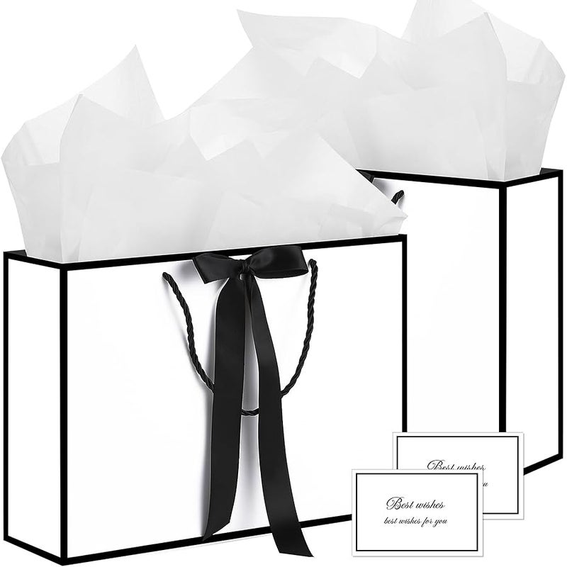 woric White Gift Bags with Handles, Large Gift Bags with Tissue Paper, 2 Pcs Gift Bags with 4 Tissue Paper and 2 Cards for Birthday Wedding Baby Shower Party - Image 1