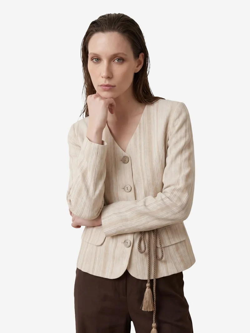 My Fashion Beige Natural MY FASHION Striped belted poplin jacket for Women | Best Price UAE