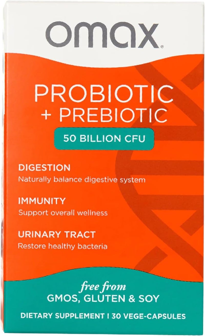 Omax3 Omax Prebiotic  Probiotic 50 Billion CFU  Chicory Inulin 10 Strains Reduce Bloating Digestion SIBO Leaky Gut Vaginal pH Acidophilus Vegan Dairy Free Gluten Free Blister Packaged - Image 1