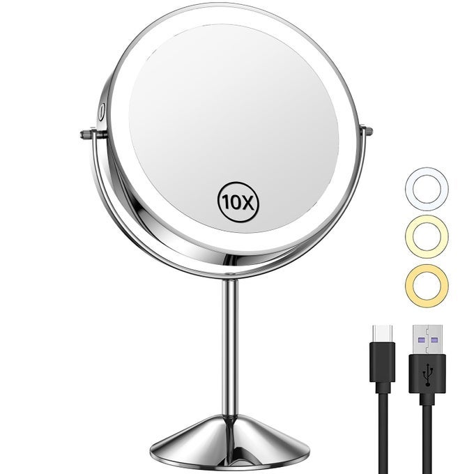 8 LIGHTED MAKEUP MIRROR WITH MAGNIFICATION 10X1X 3 COLOR LIGHTS DIMMABLE LIGHTING 360 ROTATION DOUBLE SIDED RECHARGEABLE CORDLESS VANITY COSMETIC STANDING LED MIRROR FOR MAKEUP