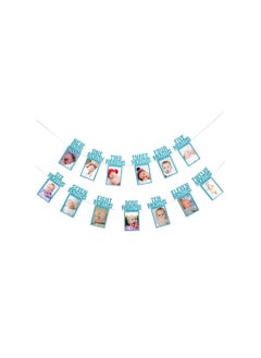 Party with Emma 1st Birthday Photo Banner for Baby from Newborn to 12 Months First Birthday Decorations Boy or Girl Monthly Milestones Garland First Birthday Photo Banner Pre strung with Frame (Blue)  - Image 1