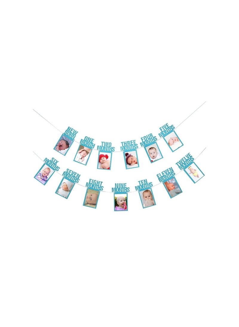 Party with Emma 1st Birthday Photo Banner for Baby from Newborn to 12 Months First Birthday Decorations Boy or Girl Monthly Milestones Garland First Birthday Photo Banner Pre strung with Frame (Blue)  - Image 1