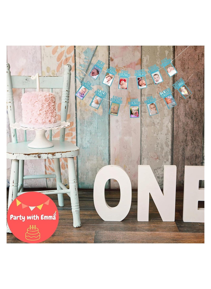 Party with Emma 1st Birthday Photo Banner for Baby from Newborn to 12 Months First Birthday Decorations Boy or Girl Monthly Milestones Garland First Birthday Photo Banner Pre strung with Frame (Blue)  - Image 4