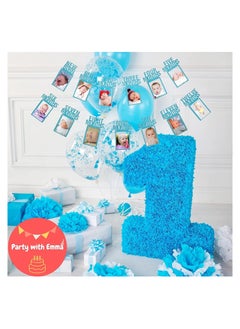 Party with Emma 1st Birthday Photo Banner for Baby from Newborn to 12 Months First Birthday Decorations Boy or Girl Monthly Milestones Garland First Birthday Photo Banner Pre strung with Frame (Blue)  - Image 5
