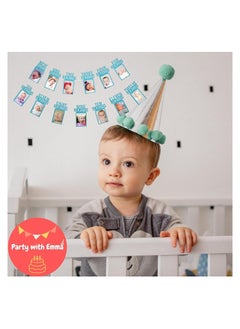 Party with Emma 1st Birthday Photo Banner for Baby from Newborn to 12 Months First Birthday Decorations Boy or Girl Monthly Milestones Garland First Birthday Photo Banner Pre strung with Frame (Blue)  - Image 2