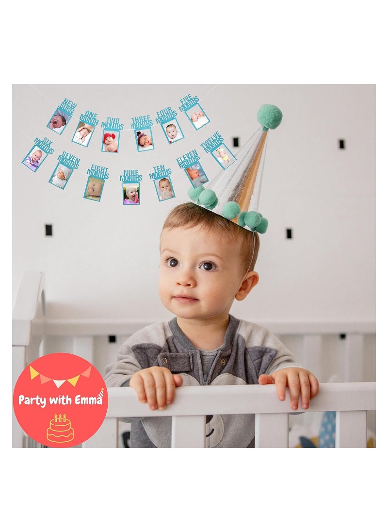 Party with Emma 1st Birthday Photo Banner for Baby from Newborn to 12 Months First Birthday Decorations Boy or Girl Monthly Milestones Garland First Birthday Photo Banner Pre strung with Frame (Blue)  - Image 2