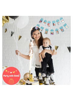 Party with Emma 1st Birthday Photo Banner for Baby from Newborn to 12 Months First Birthday Decorations Boy or Girl Monthly Milestones Garland First Birthday Photo Banner Pre strung with Frame (Blue)  - Image 3