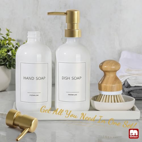 GMISUN Kitchen Soap Dispenser 16 Oz Kitchen Dish Soap Dispenser Set with Ceramic Tray Bamboo Brush 2Pcs Farmhouse Dish Soap Dispenser for Kitchen Modern White Glass Liquid Hand Soap Dispenser - Image 3