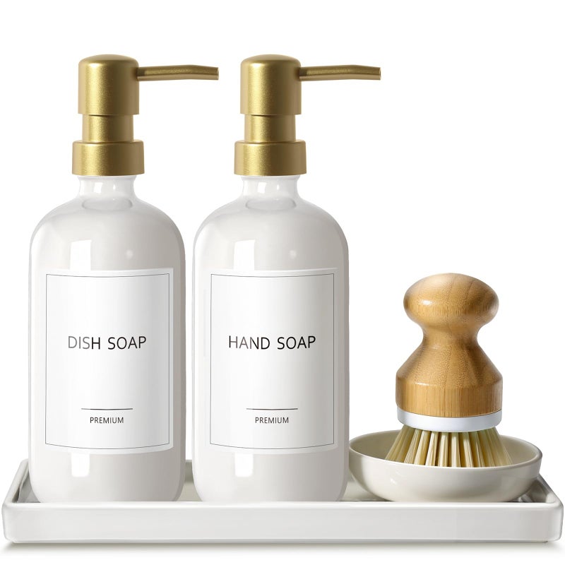 GMISUN Kitchen Soap Dispenser 16 Oz Kitchen Dish Soap Dispenser Set with Ceramic Tray Bamboo Brush 2Pcs Farmhouse Dish Soap Dispenser for Kitchen Modern White Glass Liquid Hand Soap Dispenser - Image 2