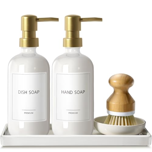 GMISUN Kitchen Soap Dispenser 16 Oz Kitchen Dish Soap Dispenser Set with Ceramic Tray Bamboo Brush 2Pcs Farmhouse Dish Soap Dispenser for Kitchen Modern White Glass Liquid Hand Soap Dispenser - Image 1