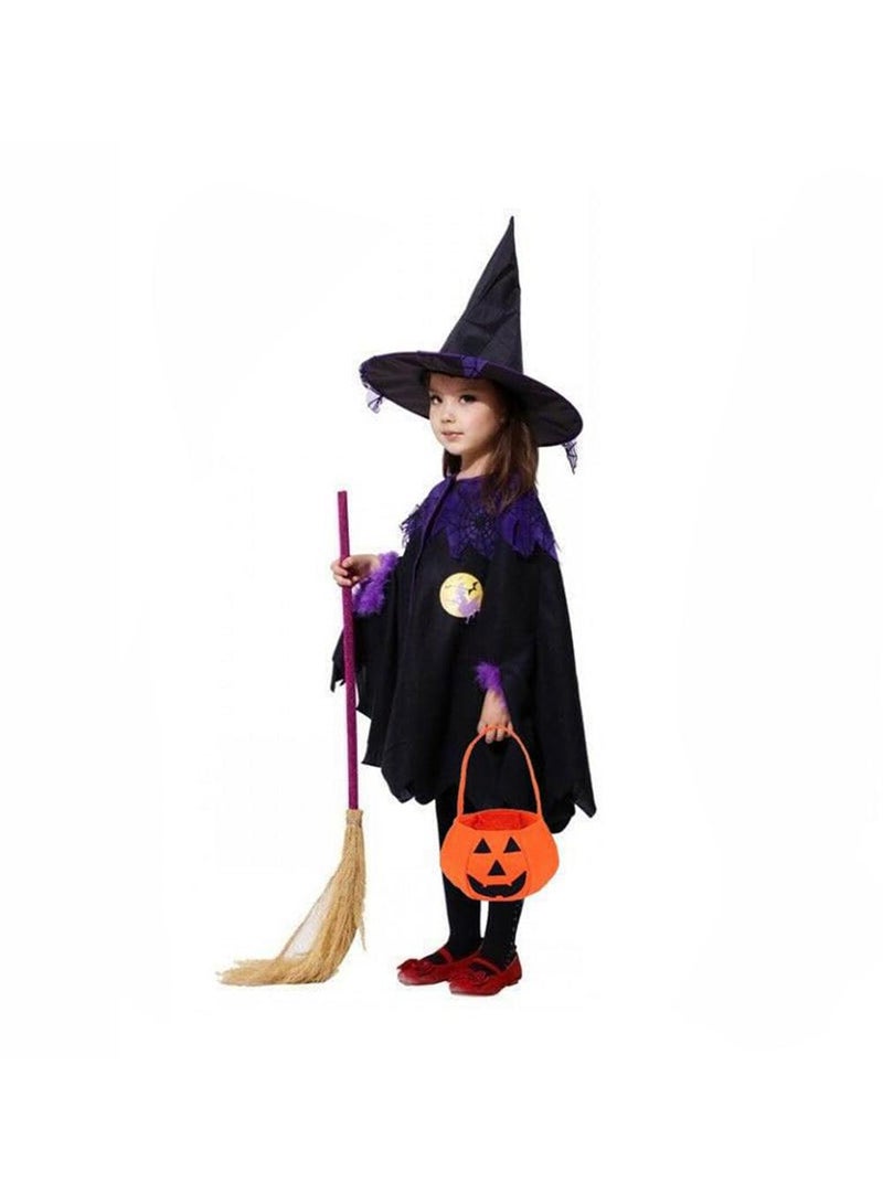 Sweet seven Kids Girls Halloween Witch Costume Set - Cloak with Hat, Broom, Pumpkin HandBag - Fancy Birthday Party Cosplay Dress-Up Outfit for Fairytale Theme Parties Suitable for 120cm - Image 1