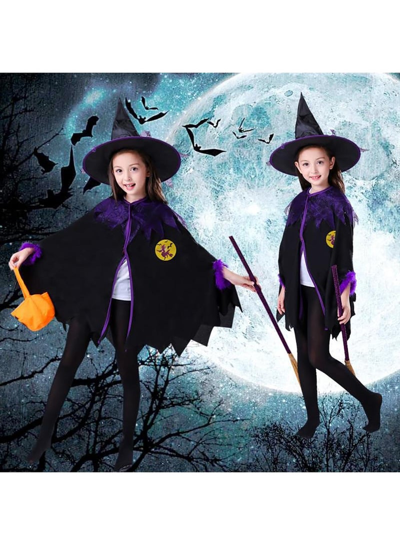 Sweet seven Kids Girls Halloween Witch Costume Set - Cloak with Hat, Broom, Pumpkin HandBag - Fancy Birthday Party Cosplay Dress-Up Outfit for Fairytale Theme Parties Suitable for 120cm - Image 2