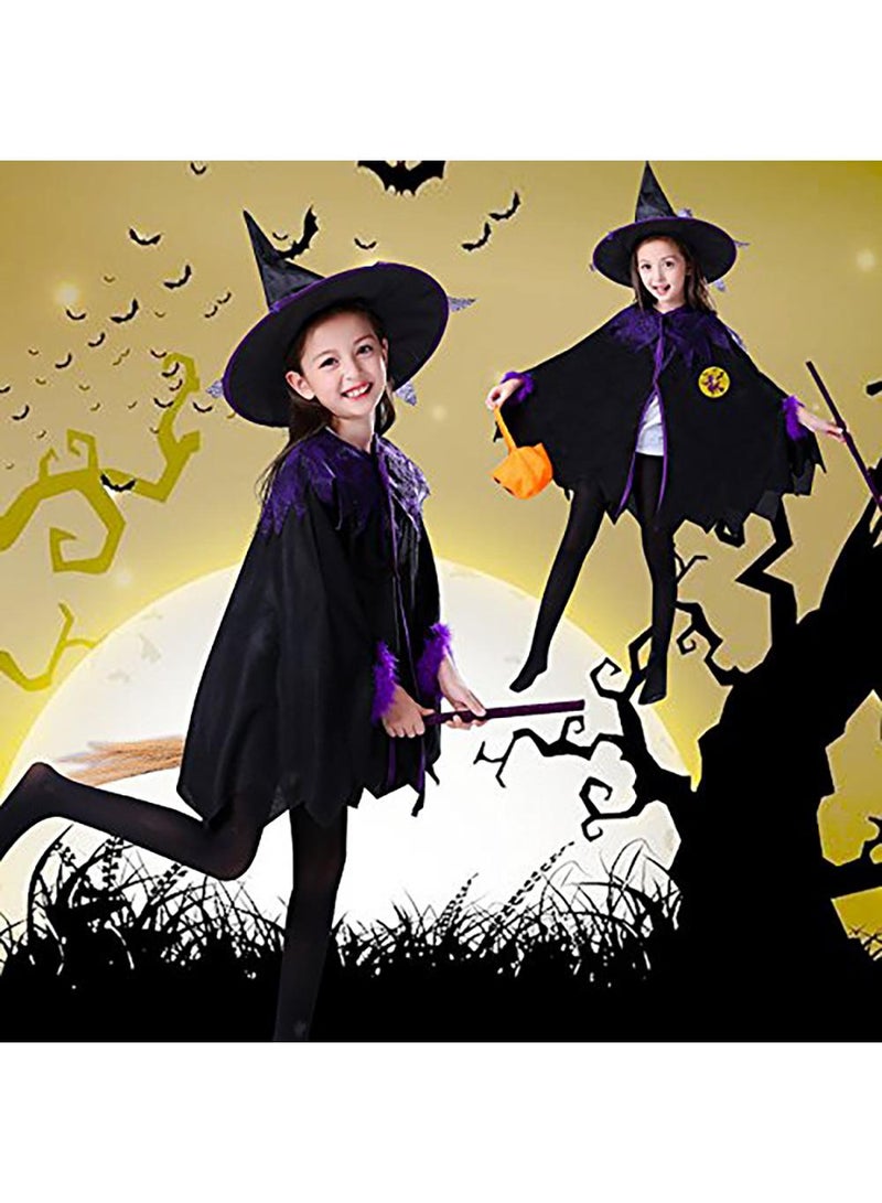 Sweet seven Kids Girls Halloween Witch Costume Set - Cloak with Hat, Broom, Pumpkin HandBag - Fancy Birthday Party Cosplay Dress-Up Outfit for Fairytale Theme Parties Suitable for 120cm - Image 3