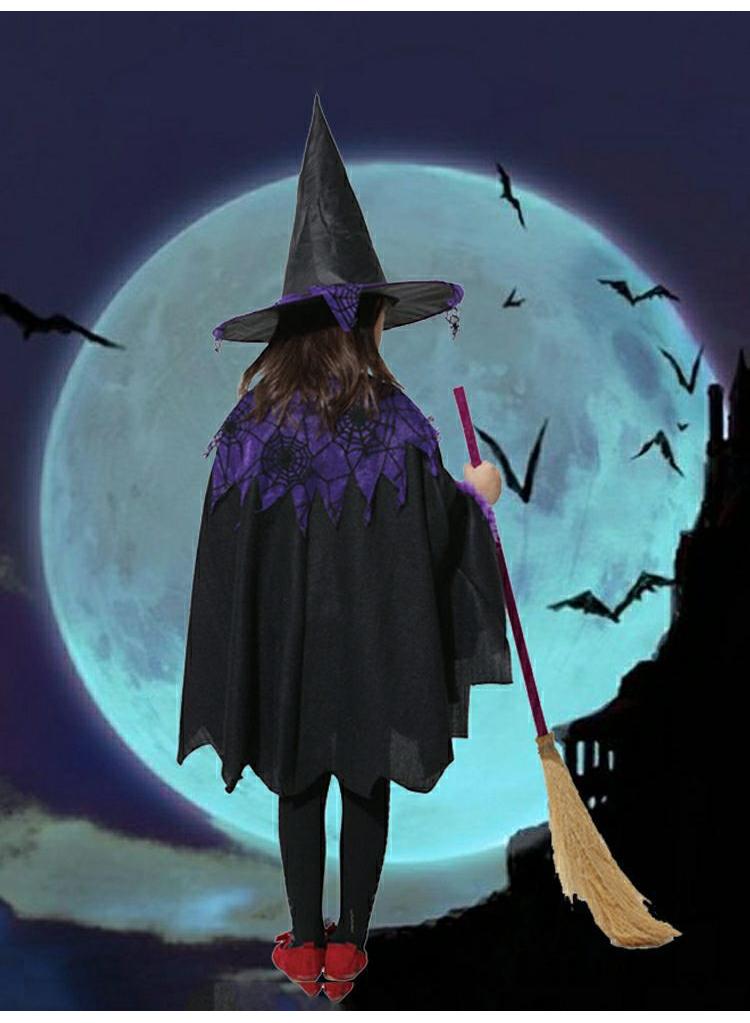 Sweet seven Kids Girls Halloween Witch Costume Set - Cloak with Hat, Broom, Pumpkin HandBag - Fancy Birthday Party Cosplay Dress-Up Outfit for Fairytale Theme Parties Suitable for 120cm - Image 4