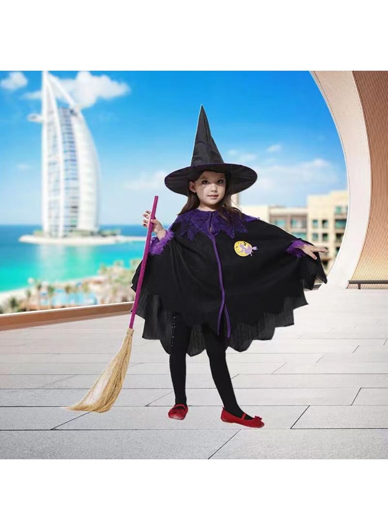 Sweet seven Kids Girls Halloween Witch Costume Set - Cloak with Hat, Broom, Pumpkin HandBag - Fancy Birthday Party Cosplay Dress-Up Outfit for Fairytale Theme Parties Suitable for 120cm - Image 5