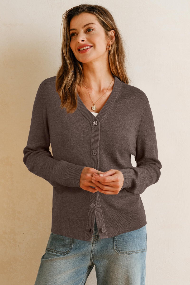 Arach&Cloz Womens Cardigan Sweaters 2026 Spring Summer Fashion Soft Wool Knit Long Sleeve Business Casual Outfits Work Trendy Cashmere Cardigans Lightweight Button Down Dressy Tops Coffee M - Image 3