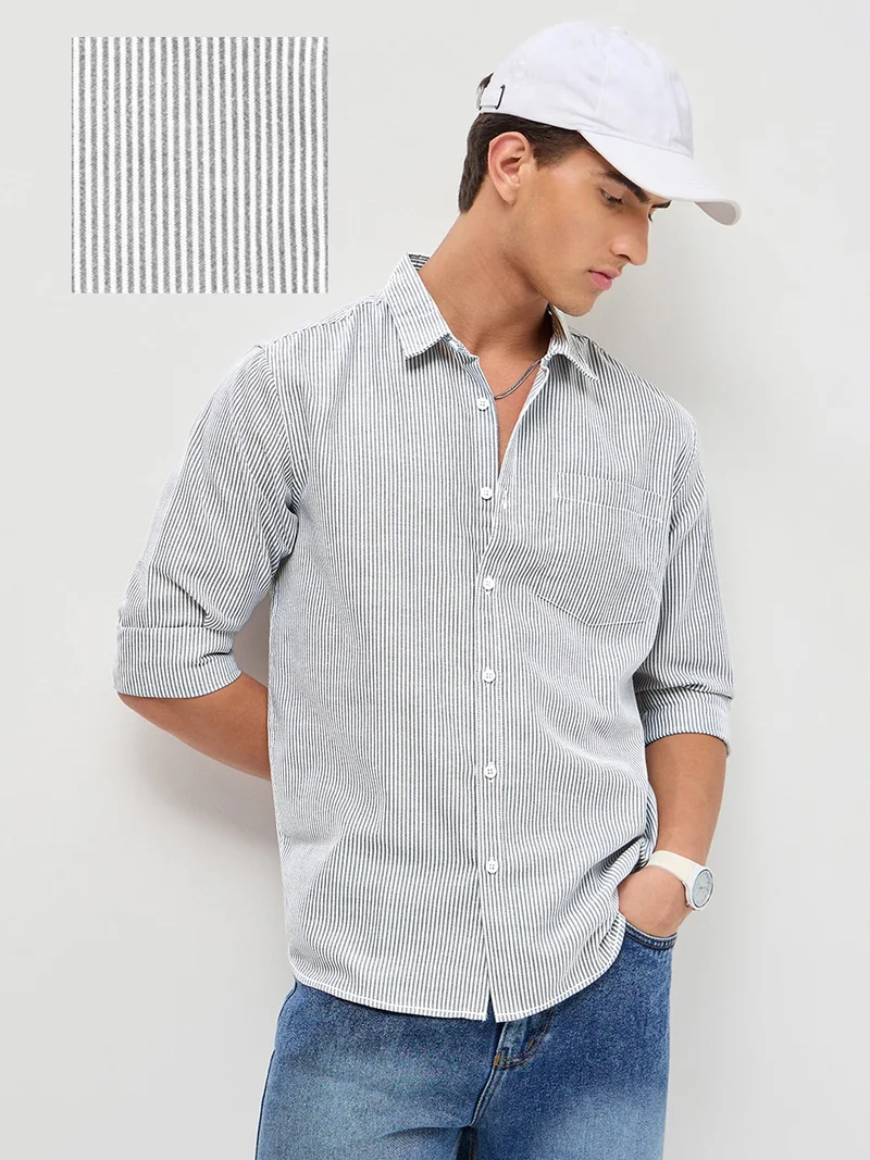 Urbano Fashion Men's Light Grey Cotton Full Sleeve Regular Fit Casual Striped Shirt