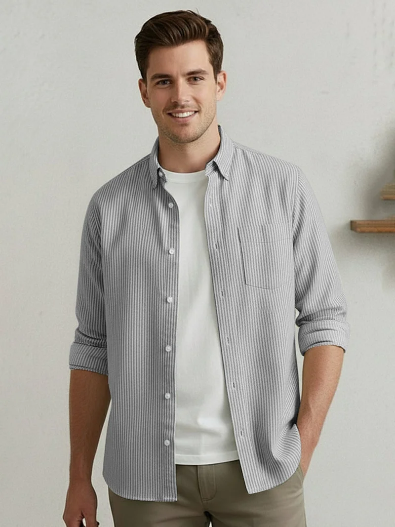 Urbano Fashion  Urbano Fashion Men's Light Grey Cotton Full Sleeve Regular Fit Casual Striped Shirt  | Best Price UAE