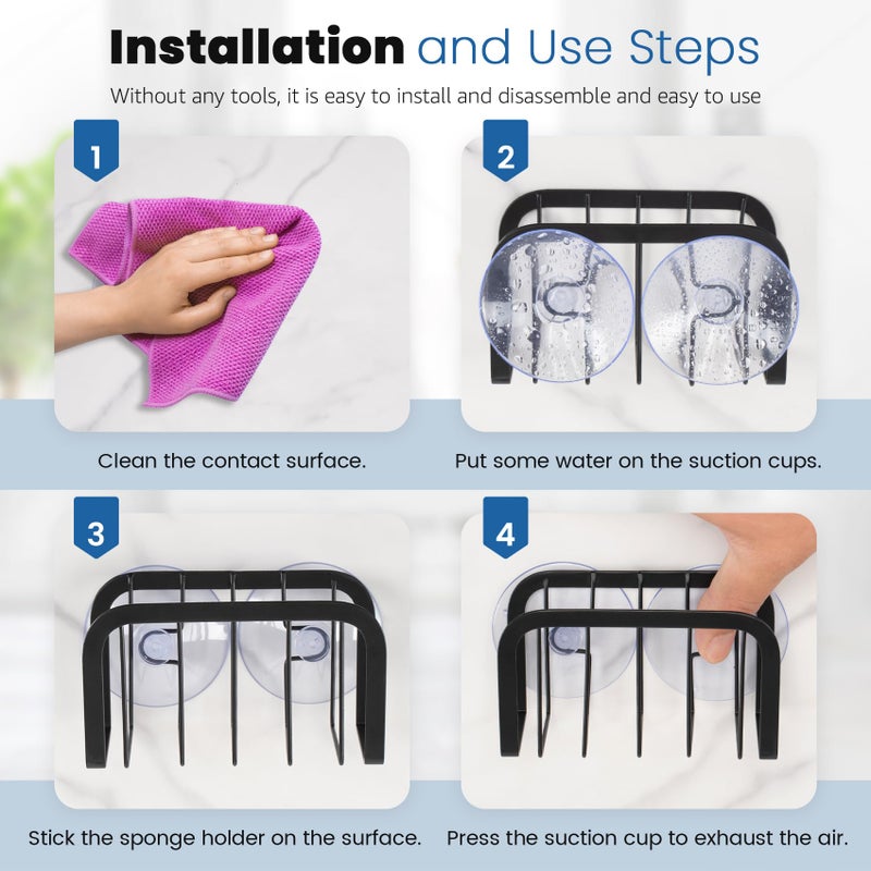 HLOOL Sponge Holder for Kitchen Sink with Suction Cups, Kitchen Sponge Holder,Sink Caddy(Black) - Image 3