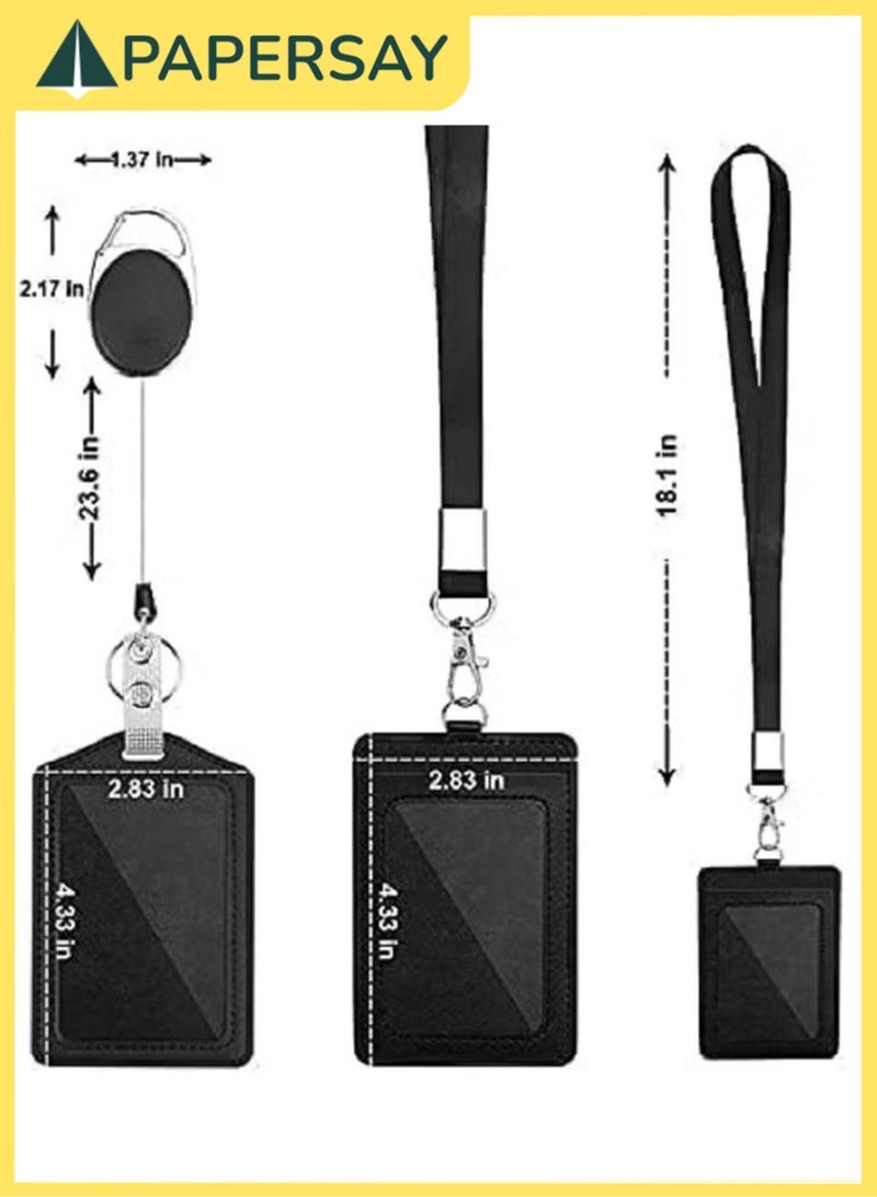 PAPERSAY 2-Piece ID Card Holder, with Lanyard and Retractable Badge Reel Clip, Unisex Leather ID Badge Holder with Clear ID Window & Credit Card Slots for Work/School Black - Image 2