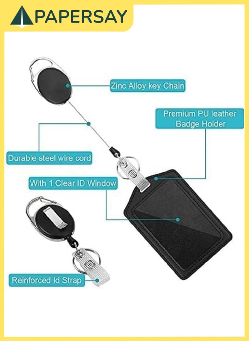 PAPERSAY 2-Piece ID Card Holder, with Lanyard and Retractable Badge Reel Clip, Unisex Leather ID Badge Holder with Clear ID Window & Credit Card Slots for Work/School Black - Image 3