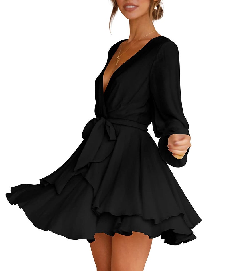 Cosonsen Womens Short Dress Deep V-Neck Long Sleeve Tie Waist Ruffle Swing Dresses Black M - Image 2