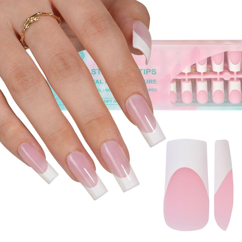 Misssix French Gel Nail Tips 240Pcs French Tip Press on Nails Long Square Pink No Need to File Tips Prelasting Fake Nails for Nail Art DIY 15 Sizes