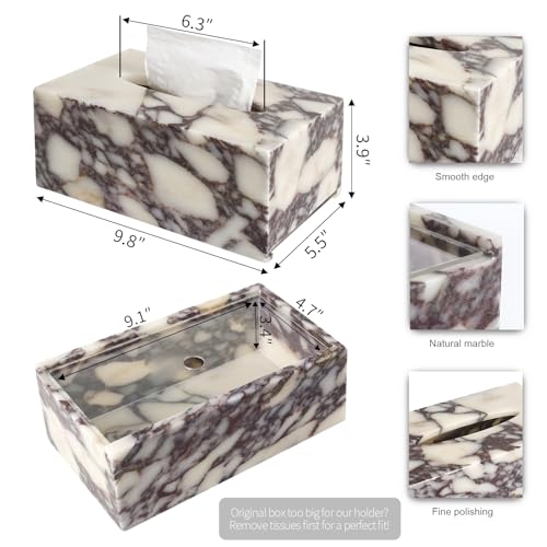 DUANYAN Noble and Light Luxury Natural Travertine Marble Household Tissue Box for Bathroom | Office | Desk | countertop | Vanity | Bedroom | Bedside Table |Calacatta Viola - Image 2