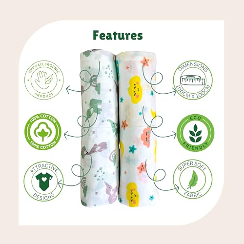 TEETAR Muslin Cotton Baby Swaddle Wraps – Pack of 2, Large 100x100 cm | Soft, Breathable & Lightweight Swaddle Blankets for Newborns | Multi-Use Baby Wraps, Cloud & Elephant Print - Image 4