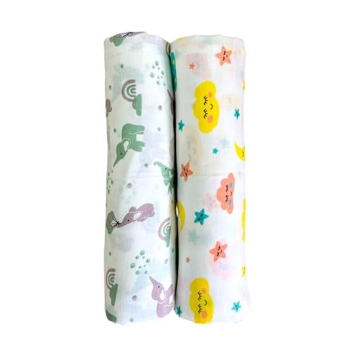 TEETAR Muslin Cotton Baby Swaddle Wraps – Pack of 2, Large 100x100 cm | Soft, Breathable & Lightweight Swaddle Blankets for Newborns | Multi-Use Baby Wraps, Cloud & Elephant Print - Image 1