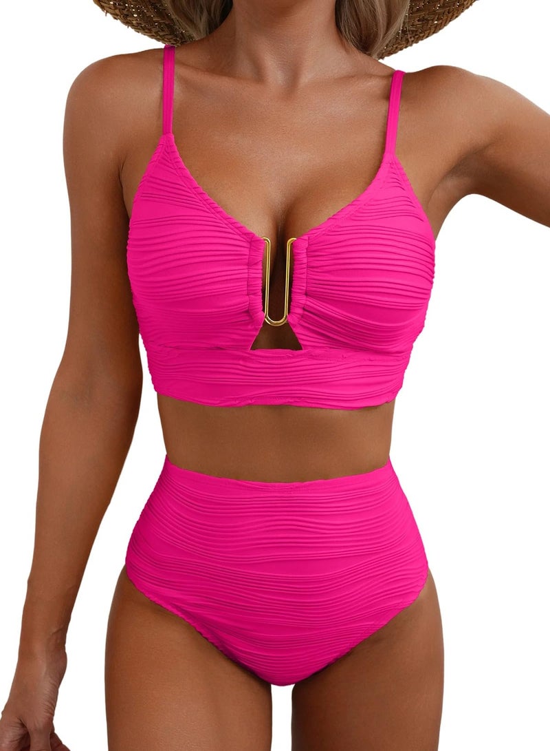 Herseas Women Two Pieces Textured Ruched Bikini Set Push Up V Neck Cutout Bathing Suits 2026 High Waisted Spaghetti Straps Swim Suit Flattering Beach Outfits Rose Red Small - Image 1