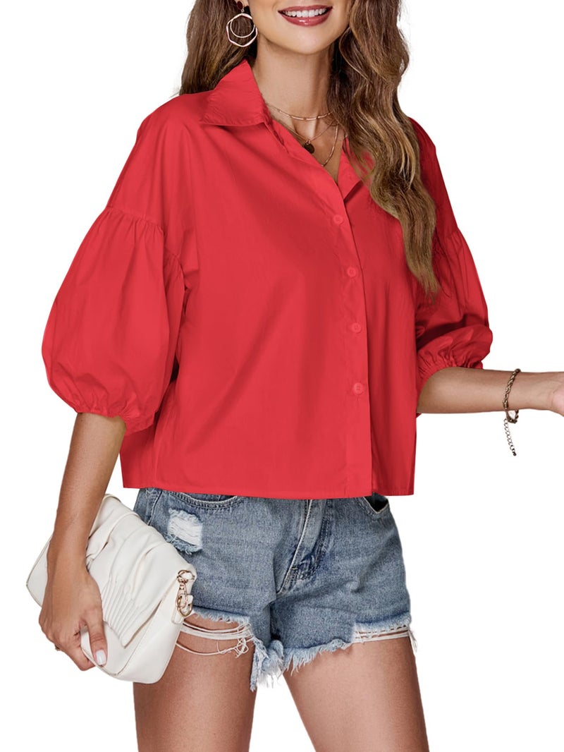 LYANER Women's Collar V Neck Button Down Lantern Short Sleeve Blouse Crop Top Shirt Red X-Large - Image 4