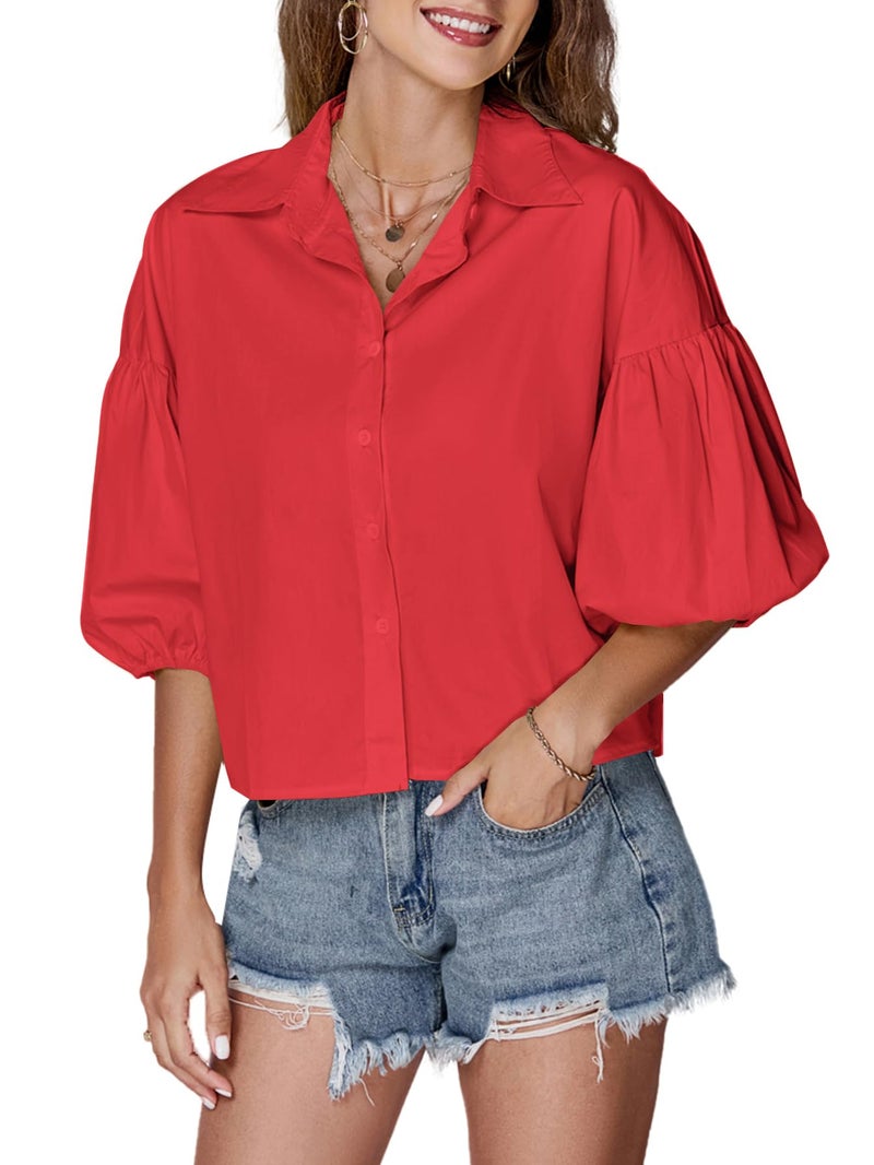 LYANER Women's Collar V Neck Button Down Lantern Short Sleeve Blouse Crop Top Shirt Red X-Large - Image 3