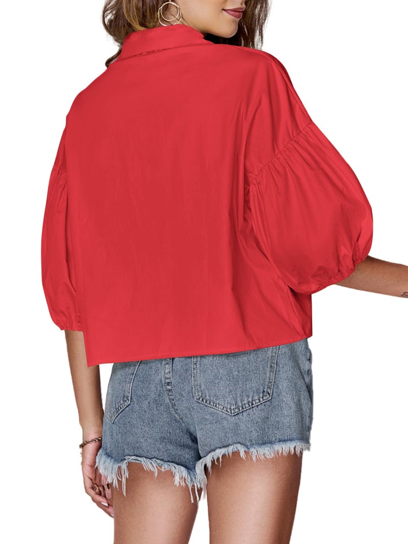 LYANER Women's Collar V Neck Button Down Lantern Short Sleeve Blouse Crop Top Shirt Red X-Large - Image 2