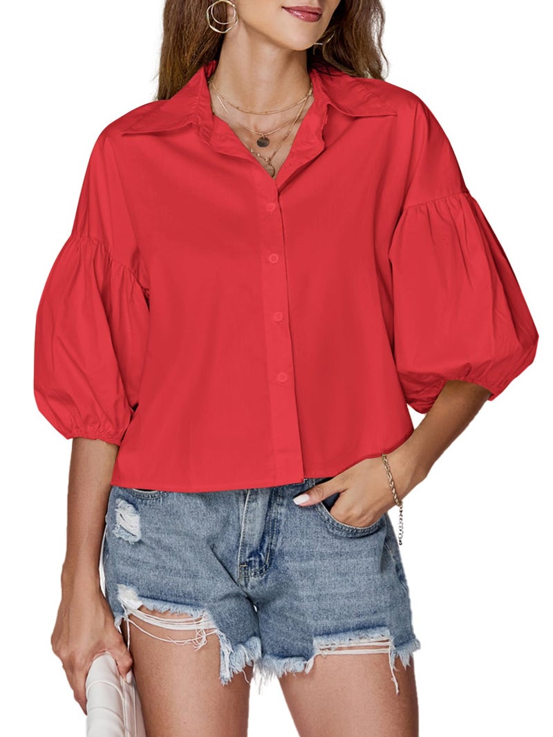 LYANER Women's Collar V Neck Button Down Lantern Short Sleeve Blouse Crop Top Shirt Red X-Large - Image 5