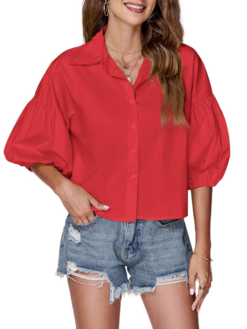 LYANER Women's Collar V Neck Button Down Lantern Short Sleeve Blouse Crop Top Shirt Red X-Large - Image 1
