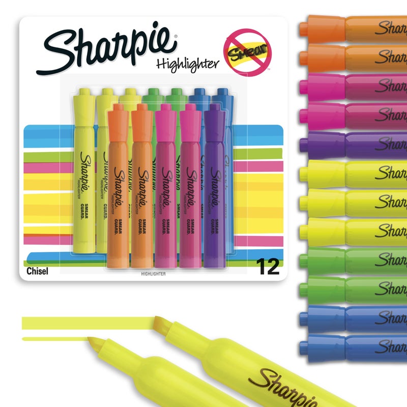 Sharpie Tank Highlighters, Chisel Tip, Assorted Fluorescent, Six Assorted Colors, 12 Count - Back to School, Office, Teacher Supplies - Image 1