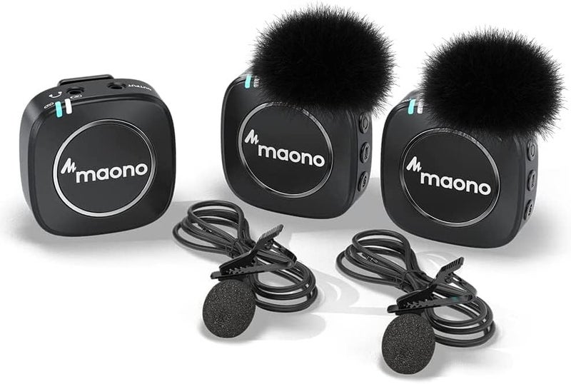 ماونو مايكروفون لاسلكي محمول مدمج لشخصين Maonocaster AU-WM820A2 بتردد 2.4GHz مع مراقبة في الوقت الفعلي وتعديل لمستوى الصوت على 22 مستوى للاستخدام في المقابلات، التدوين المرئي، البث المباشر، الهواتف، الكاميرات - اللون أسود - Image 1