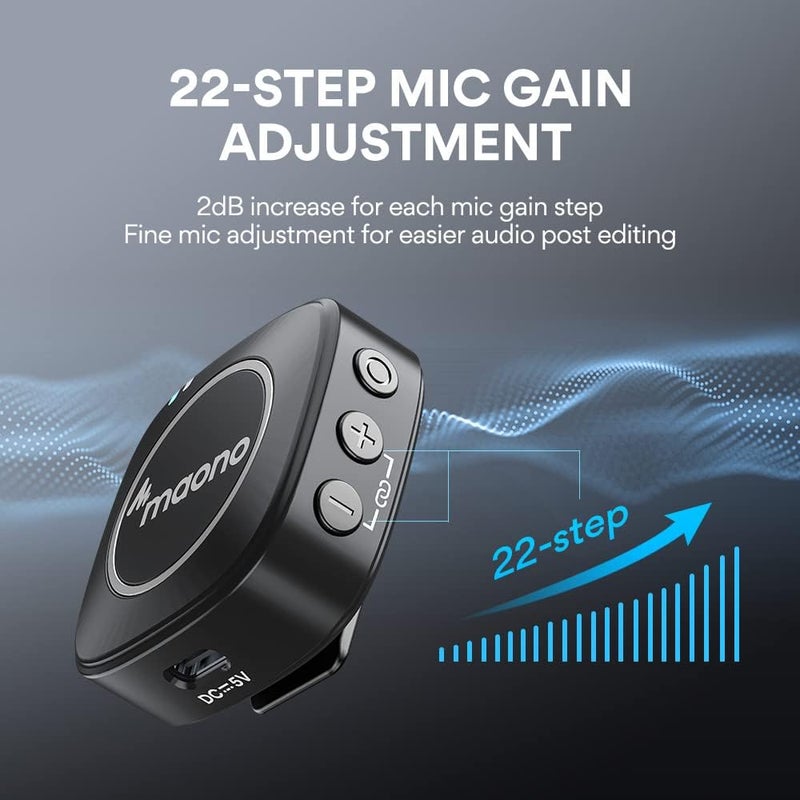 ماونو مايكروفون لاسلكي محمول مدمج لشخصين Maonocaster AU-WM820A2 بتردد 2.4GHz مع مراقبة في الوقت الفعلي وتعديل لمستوى الصوت على 22 مستوى للاستخدام في المقابلات، التدوين المرئي، البث المباشر، الهواتف، الكاميرات - اللون أسود - Image 4