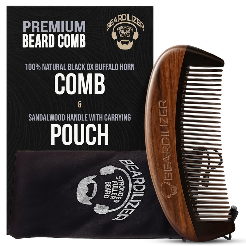 Beardilizer Premium Beard Comb for Men - 100% Natural Black Ox Buffalo Horn & Sandalwood Handle with Carrying Pouch, Professional Anti-Static Fine and Coarse Teeth - Image 1