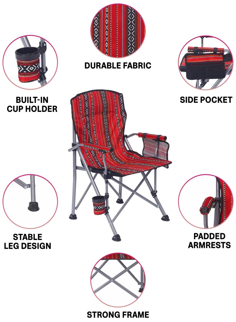 DBLEW Foldable Camping Chair with Cushion, Sadu Pattern, Cup Holder & 4 Side Pockets Arabic Majlis Style Outdoor Chair for Camping, Beach, Garden, Fishing, BBQ, Travel & Picnic 50—50—93 cm - Image 2