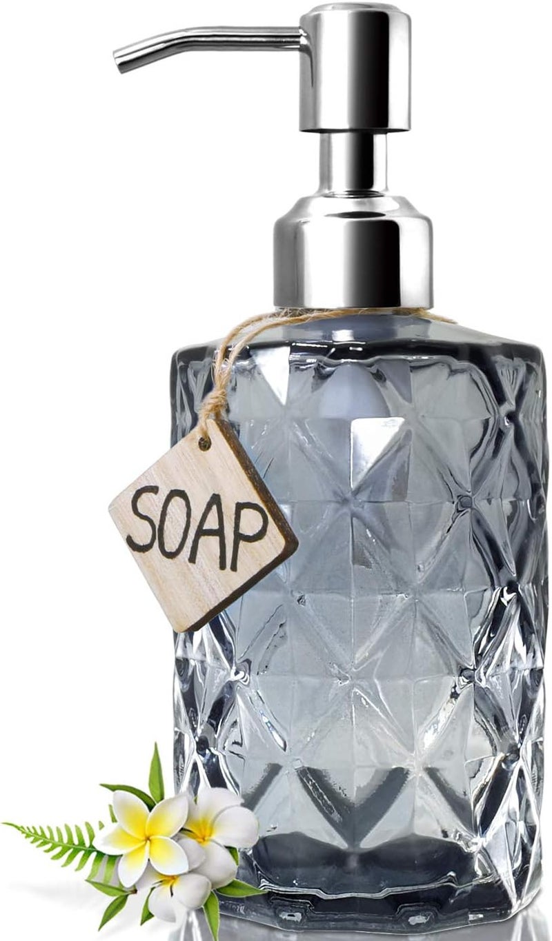 JASAI Diamond Design Glass Soap Dispenser with 304 Rust Proof Stainless Steel Soap Pump, 12 Ounce Kitchen Soap Dispenser for Bathroom, Hand Soap, Dish Soap (Grey) - Image 1