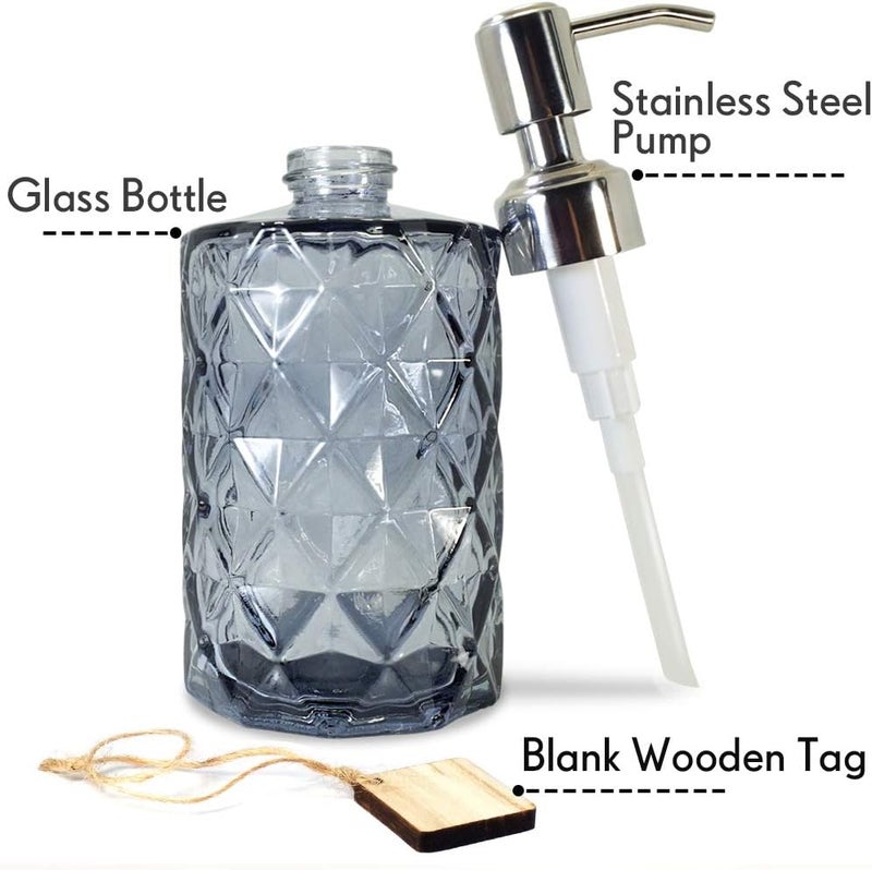 JASAI Diamond Design Glass Soap Dispenser with 304 Rust Proof Stainless Steel Soap Pump, 12 Ounce Kitchen Soap Dispenser for Bathroom, Hand Soap, Dish Soap (Grey) - Image 2