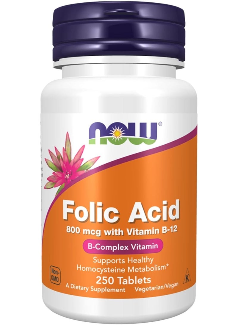 حمض الفوليك (800 ميكروغرام) مع فيتامين ب-12 من "ناو فودز" (Now Foods) | دعم تكوين خلايا الدم الحمراء، وتخليق الحمض النووي (DNA)، ومستويات الهوموسيستين الصحية، وصحة القلب والأوعية الدموية والجهاز العصبي | 250 قرصاً