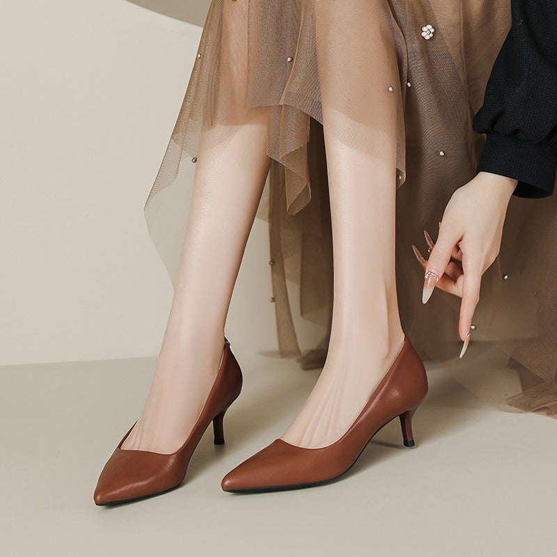 555-8 Nude High Heels for Women, French Style Soft Leather Pointed Toe Office Shoes