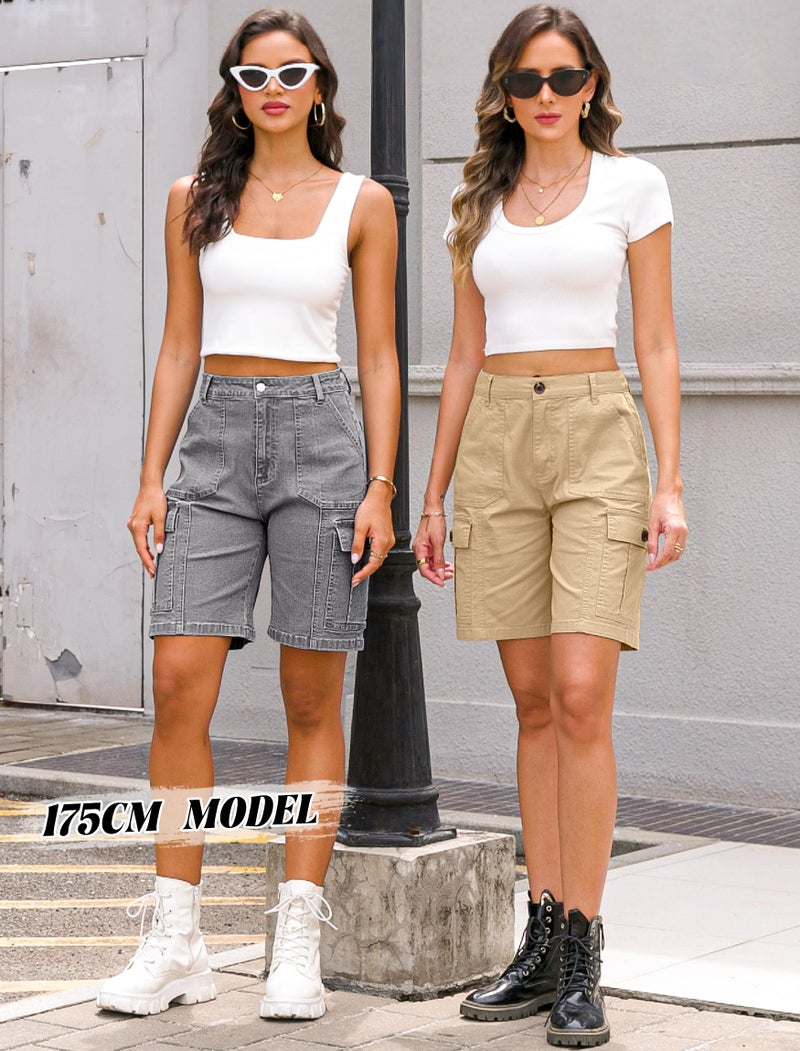 Eddoyee Bermuda Cargo Shorts for Women Casual Long Knee Length High Waisted Stretch Wide Leg Relaxed Fit(Khaki, X-Large) - Image 3