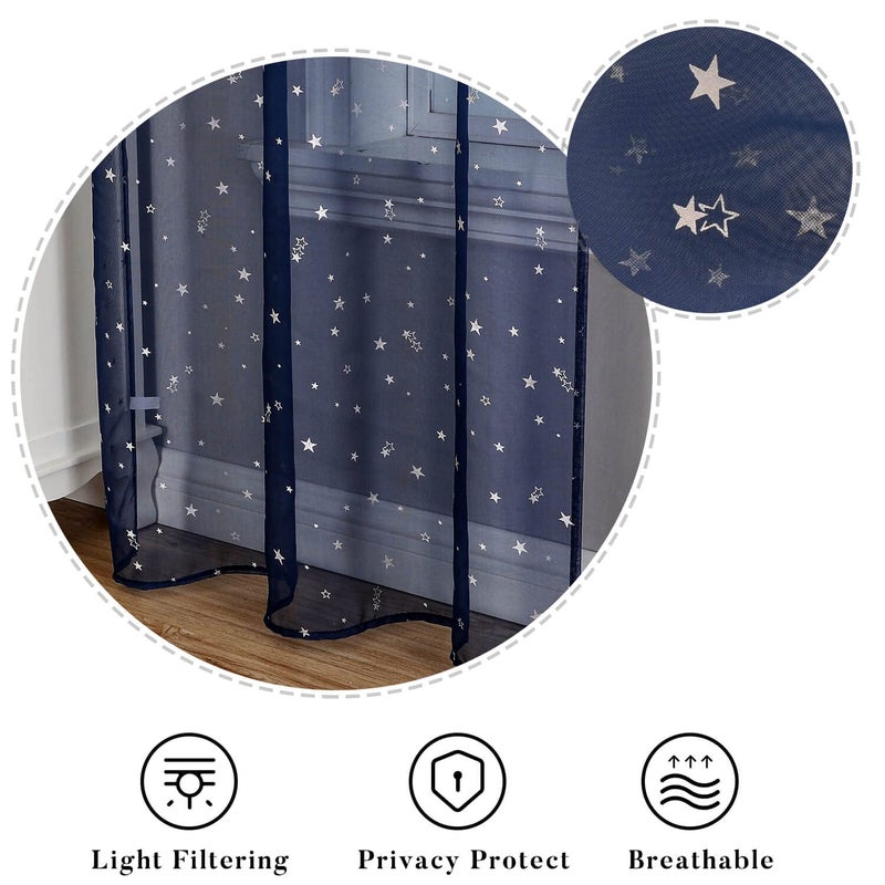 WUBODTI Navy Blue Star Curtains for Boys Room Nursery Living Room 2 Panels, Cute Silver Star Voile Semi Sheer Curtain Drapes Rod Pocket Light Filtering Kids Window Treatments,39 x 79 inch - Image 4