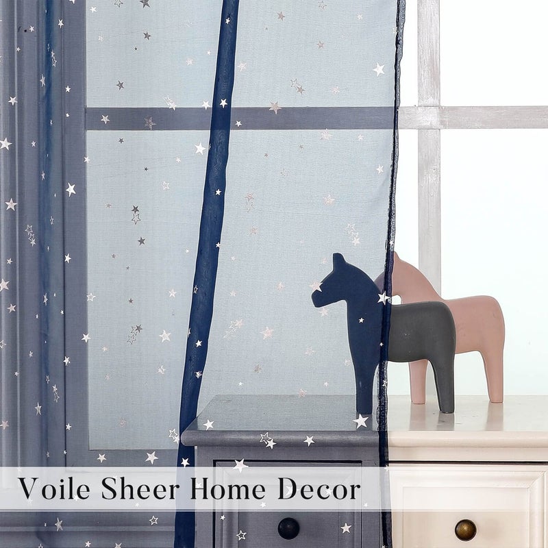 WUBODTI Navy Blue Star Curtains for Boys Room Nursery Living Room 2 Panels, Cute Silver Star Voile Semi Sheer Curtain Drapes Rod Pocket Light Filtering Kids Window Treatments,39 x 79 inch - Image 3